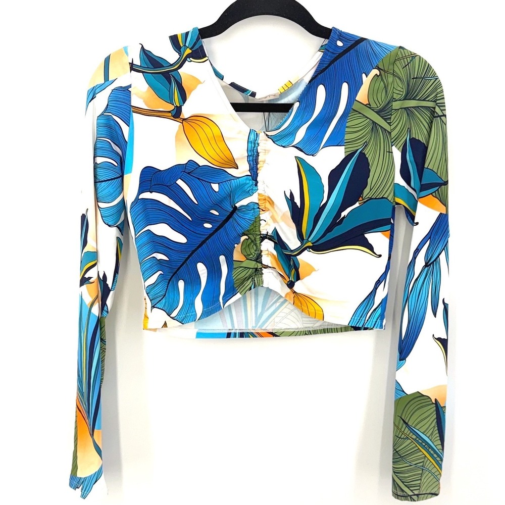 NWT CALIA Crop Long Sleeve Rashguard Swim Top Small Tropical Floral Cottage Vaca